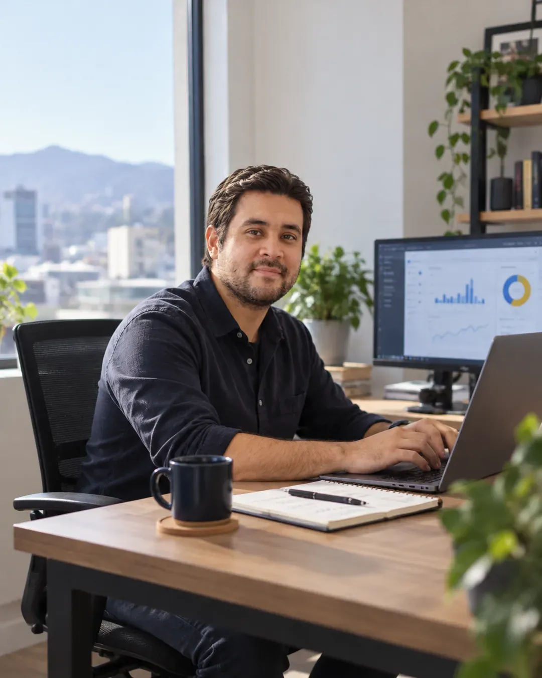 Fernando Orendain sonriendo frente a su laptop y a un panel de métricas en su oficina