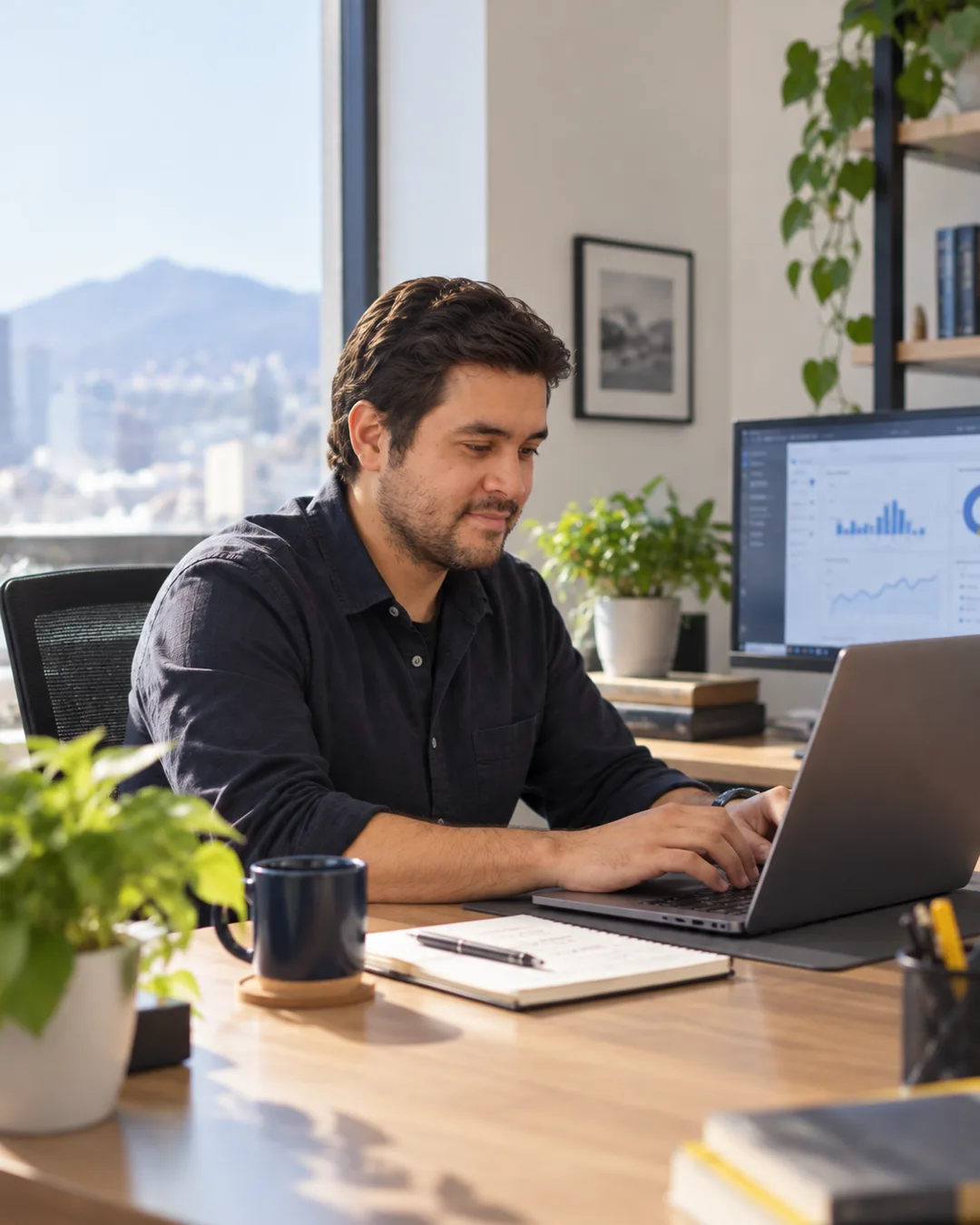 Fernando Orendain trabajando en su laptop junto a un monitor con gráficas