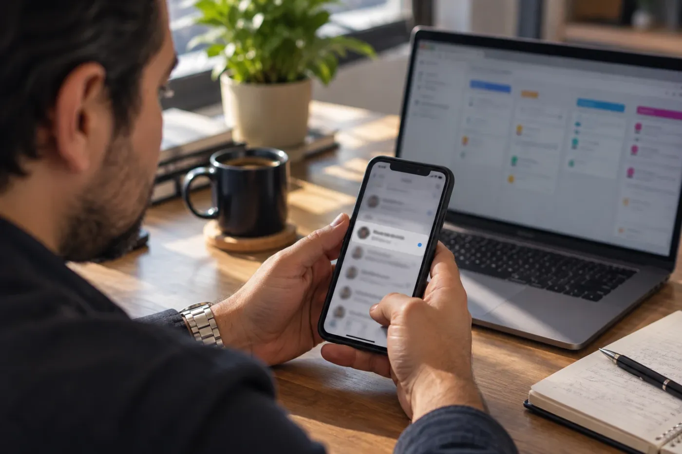 Manos sosteniendo un celular con una notificación de nuevo cliente junto a una laptop con un tablero de seguimiento